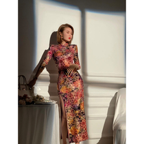 XULU original high-end imported velvet burnt modified cheongsam 2021 New Light extravagant lapel dress