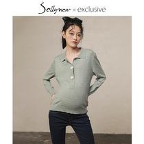 SELLYNEAR MATERNITY KNITTED TOP SHORT SPRING SUIT COLLAR HALF PLACKET COLLAR LOOSE SWEATER