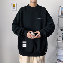 Trend round neck sweater mens autumn and winter black youth casual plus velvet padded mens wild spring clothes