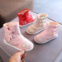 Old Beijing childrens cloth shoes Girls baby shoes ancient clothes shoes autumn and winter plus velvet ancient embroidered shoes Hanfu shoes soft bottom