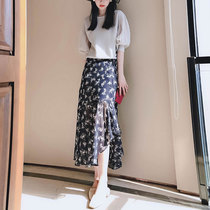 2022 early spring new floral chiffon high waist a long skirt women pleated design feeling irregular