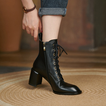Givenivan high heel boots Women spring and autumn boots thin boots round head lace-up leather Martin boots thick heel 7cm