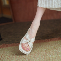  Givenivan was attracted at a glance~Thick-bottomed muffin wedge half slippers female summer half-heel high-heeled sandals 7cm