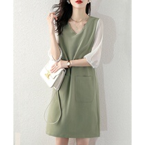 Sandro selen spring and summer must-have~new green temperament three-point sleeve v-neck loose thin straight skirt