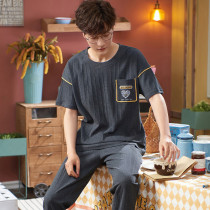 Cotton pajamas mens summer thin short sleeves long pants two-piece set cotton plus size student home clothes spring and autumn