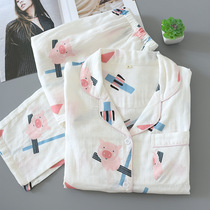 Spring and autumn ladies cotton gauze pajamas Japanese cute cartoon thin cotton linen soft breathable homewear set