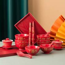 All red ceramic dragon fengxi bowl wedding cup cup to bowl wedding supplies