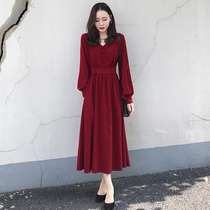 AMT 2021 Autumn New Vintage Royal Sister Light mature wind temperament waist thin festive red dress women