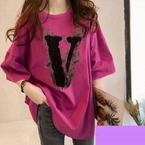 Large size rose red printed short-sleeved t-shirt 2021 early spring and summer new medium-long loose top womens fashion