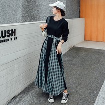Early autumn womens long sleeve dress womens spring and autumn clothes 2021 new waist slim knitted sweater long dress black skirt