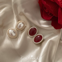 Aniston retro Hong Kong style palace high-end sense of literary and artistic temperament elegant ruby ​​pearl earrings ear clip