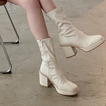 Small pool in Seoul 2021 autumn winter new square head waterproof table coarse heels with pure color side zipped skinny boots short boots woman