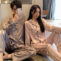 Couples pyjamas womens spring and autumn season long sleeves ice silk thin section 2021 new striped mens autumn and winter day home suits suit