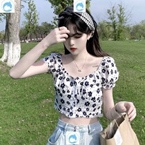 2020 summer new retro Hong Kong flavor heart machine top ins style hyuna high waist umbilical short floral shirt female