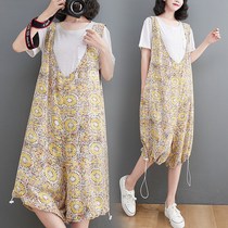 Wide-leg pants summer new fat mm printed strap jumpsuit jumpsuit loose Thin Thin bunched feet seven-point lantern pants