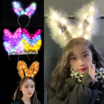 Concert lengthened 14 lights Gold silk feather cat ear headdress luminous plush rabbit ear hair band Night Market toy supply