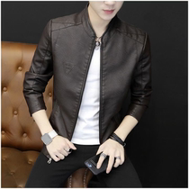 High-end leather jacket mens spring and autumn new Korean version of the slim trend plus fleece jacket mens motorcycle jacket winter