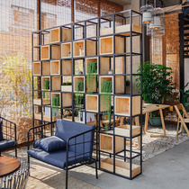 American Wrought iron solid wood screen Industrial wind partition Entrance bookshelf Office shelf Multi-layer display locker