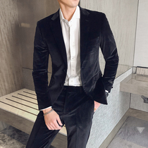 Rich bird high-end business suit suit mens Korean version of the trend groom wedding dress mens gold velvet two-piece suit