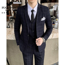 Fugui bird mens casual suit suit Plaid Korean trend slim groom high-end suit formal suit three-piece set