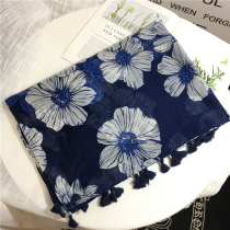 Scarf Korean version of female summer cotton linen ethnic style Joker navy blue shawl big flower pattern
