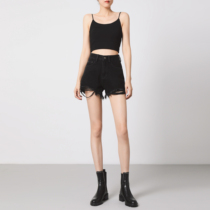Black denim shorts womens summer thin section high waist loose thin hole a word wide legs 2021 new hottie hot pants