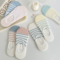 7 Double striped boat Sox female pure cotton shallow mouth invisible spring and summer thin section Coloured macarronic anti-slip silica gel with no heel