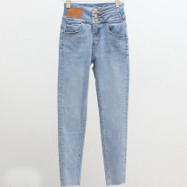 European goods three button high waist light color jeans Korean skinny pencil pants plus velvet leggings light blue pants women
