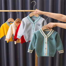 Childrens sweater cardigan male baby cotton sweater V-neck foreign style Korean version plus velvet thick top baby 0-5 years old