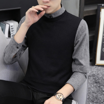 Tide brand autumn and winter fake two sweater mens new trend shirt collar knitwear Korean personalized wool base shirt