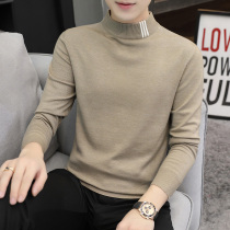 Tide brand semi-turtleneck sweater mens autumn and winter Korean trend slim neck sweater solid color bottoming sweater
