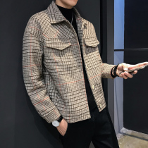  Tide brand plaid woolen coat mens Korean slim-fit trend lapel jacket autumn and winter short jacket men