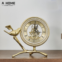 Light luxury pure copper bird clock ornament model room living room wine cabinet bedside table creative desktop table clock decoration