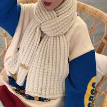 Korean version of solid color scarf female winter ins Harajuku wind coarse wool knitting Joker thick warm scarf student tide