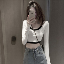 Long sleeve t-shirt women with spring and autumn Korean version 2021 new large neckline short open umbilical ins Tide brand top base shirt