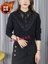 2021 autumn and winter New temperament middle-aged mother dress plus velvet thick long sleeve top female foreign style lace middle collar shirt