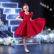 Childrens host high-end dress girl birthday princess dress red little girl flower girl piano performance costume summer