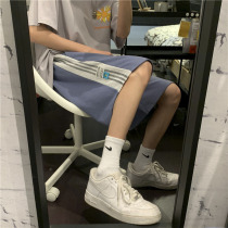 Striped elastic shorts womens 2021 summer Korean version loose straight high Street tide brand leisure sports beach five-point pants