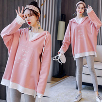 Pure cotton pregnant womens spring clothing blouses womens medium length fake two pieces of loose cover for pregnant womens late spring New Years early spring