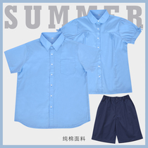 Shijiazhuang No. 2 Middle School uniform student dress Junior High School High School mens and womens shirts blue shirt summer shorts British style