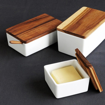 Japan imported simple ceramic butter box butter storage box teak lid kitchen refrigerator fresh-keeping box rectangular
