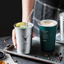 Mori stainless steel cup household beer glass anti-drop water cup simple ins milk tea cold drink cup fresh suction tube Cup