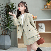 Girl suit suit 2021 Spring and Autumn New Tide college style Foreign style plaid suit two-piece Childrens coat tide