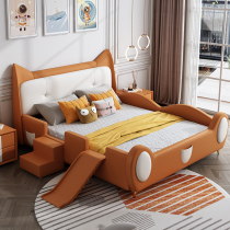 Leather childrens bed light luxury with guardrail boy bed Nordic solid wood single bed 1 2M baby bed girl princess bed