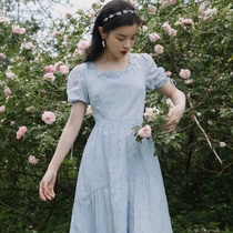 2021 summer French sweet literary gentle wind square collar bubble sleeves high waist cover belly thin blue dress female