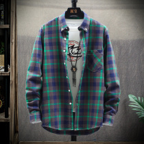 Male Grand Boy Long sleeves shirt 2022 Autumn loaded with new thin section Plaid Grinding Outside Wearing Shirt Student Korean Version Fat Boy