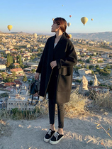 Black double - sided cashmere coat 2022 autumn and winter new high - end loose middle - long suit - tied coat