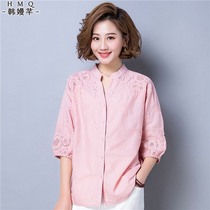 2021 Autumn New temperament thin cotton linen shirt female ethnic style retro embroidery slim seven-point sleeve shirt Women