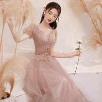 Evening dress dress banquet 2021 New light luxury explosive senior sense niche high-end temperament host female pink winter