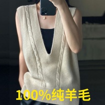 Spring and Autumn Knitted Vest Womens V-neck Sweater Loose Retro 100 Wool Vest Sleeveless Overlay Top